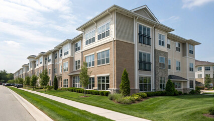 Fototapeta premium A multi-story apartment building with a symmetrical facade, large windows, and manicured landscaping.
