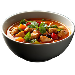 Bowl of Stew with Vegetables and Meat, close-up view +Served in white bowl, on a dark background.
