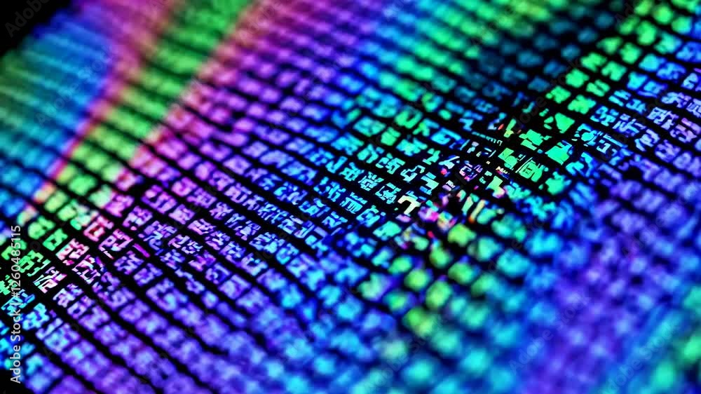 Wall mural close-up angled shot of colorful digital code on a screen, creating a futuristic and tech-inspired v