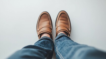Stylish brown leather loafers worn by a person standing on a light background