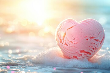 Fototapeta premium Pink Heart Shaped Ice Cream on Beach at Sunset