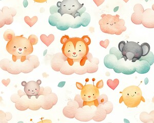 Obraz premium Whimsical Woodland Love: Adorable Forest Friends Cute cartoon animals in fluffy clouds pattern.