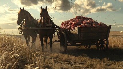 Obraz premium Two Horses Pulling a Cart Full of Hay