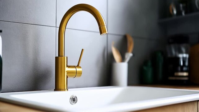 Modern kitchen interior with a gold faucet above a white sink, gray tiled wall, and blurred kitchen accessories in the background.