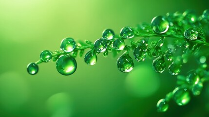 This close-up image captures the beauty of green foliage adorned with glistening water droplets, showcasing the freshness and vibrancy of nature in a tranquil environment.