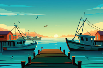 Golden sunset paints a serene fishing village, tranquil waters reflecting the sky, featuring a traditional Woo (1) boat.