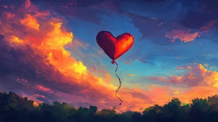 Fototapeta premium Red Heart Shaped Balloon Ascending in a Vibrant Sunset Sky