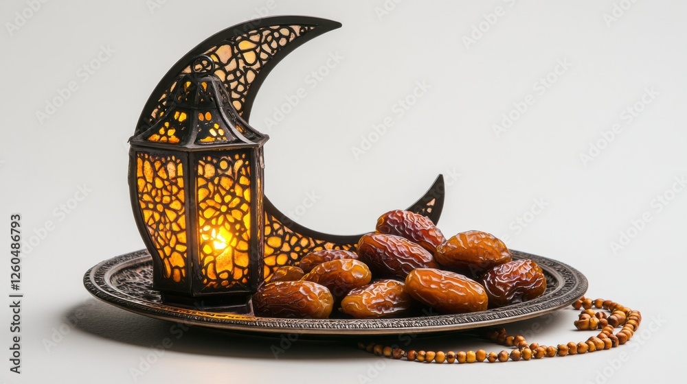 Poster golden dates surround an intricately designed arabic lantern, softly illuminating the table as famil