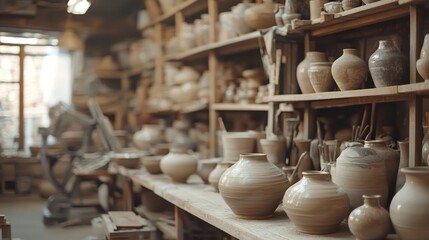 Fototapeta premium Handmade Pottery Studio: Shelves Filled with Unique Ceramic Vases and Bowls