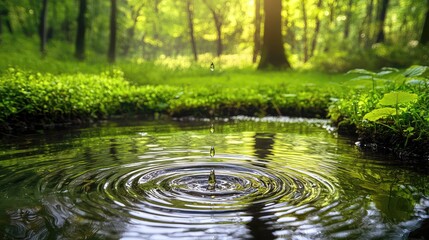 Naklejka premium Water Drops Falling into a Forest Pond: Nature's Serene Beauty