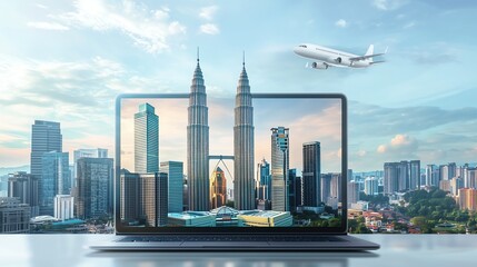 Naklejka premium Discover the iconic Petronas Towers and Menara KL bursting to life from a laptop screen, blending modern architecture with travel allure.
