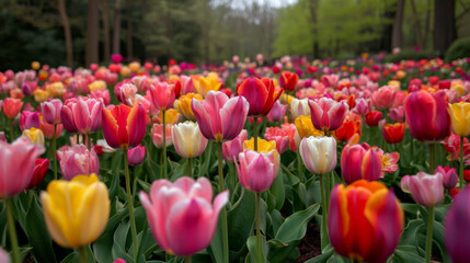 Obraz premium Vibrant tulip garden blooming in spring sunlight at a public park