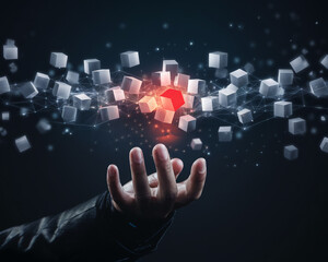 A hand manipulating floating 3D cubes in a digital network, symbolizing technology, innovation, and data manipulation. This image represents the concept of digital transformation.