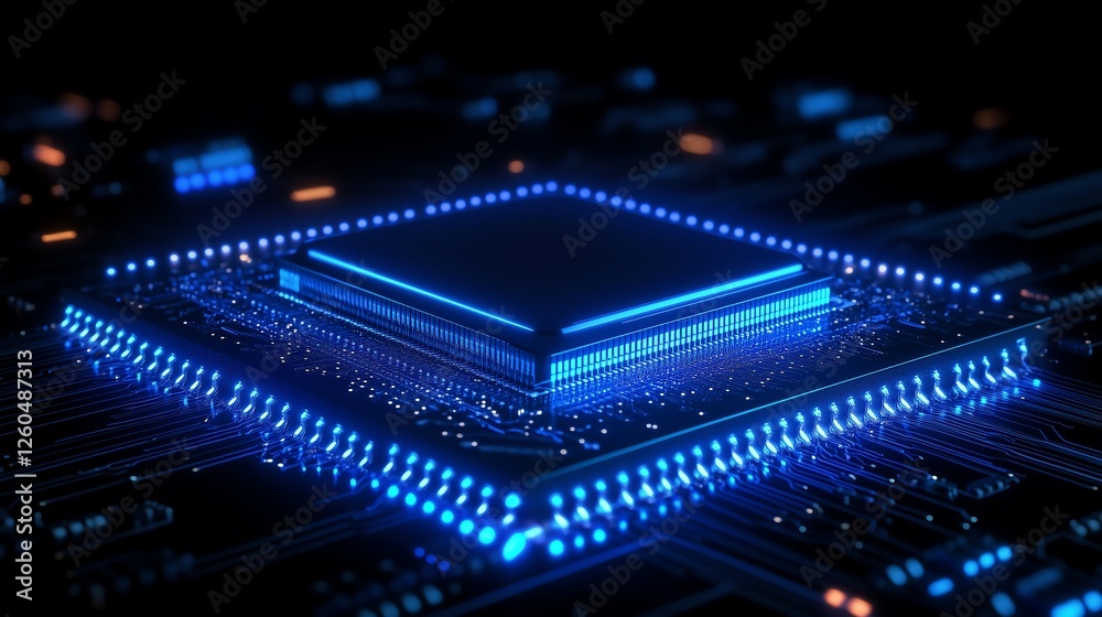 Poster thin circuit trace lines in blue on minimal dark technology background, elegant glowing patterns wit