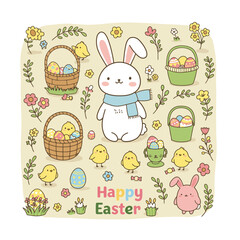 Cute Easter Bunny Illustration with Eggs, Chicks, and Floral Elements