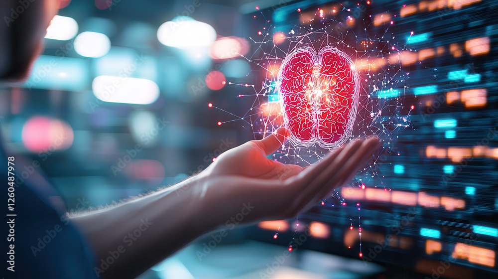 Poster futuristic hand holding holographic brain, showcasing ai technology and innovation in healthcare. vi