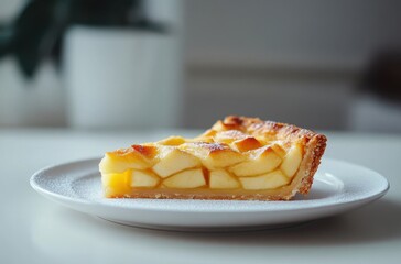 Deliciously baked apple pie slice on white plate with light background showcasing warm dessert and fresh ingredients for culinary enthusiasts