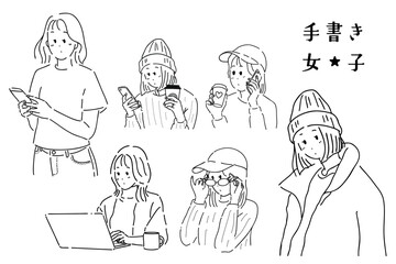 手描き 女子 色なし イラスト エモい かわいい おしゃれ 電話 コーヒー 帽子 メガネ パソコン