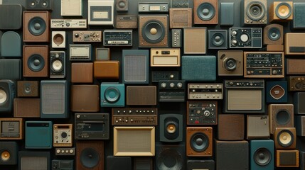 Vintage Speakers Collection Displayed on Wall in Retro Style