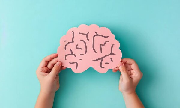 Close-up of hands holding a simple brain illustration, representing cognition, neuroscience, and psychological well-being against a soft blue backdrop.