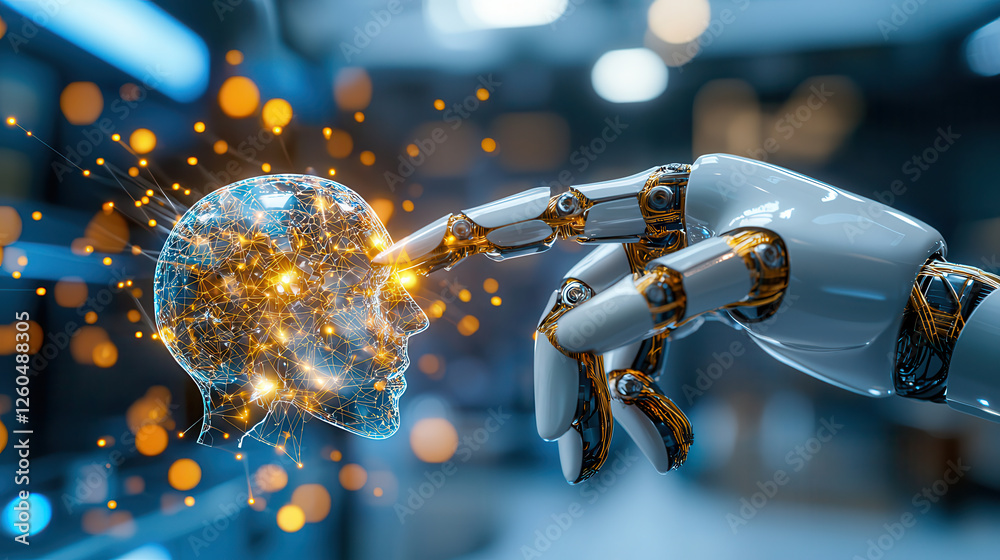 Aufkleber robotic hand interacts with holographic human head, symbolizing ai innovation and technology. scene 