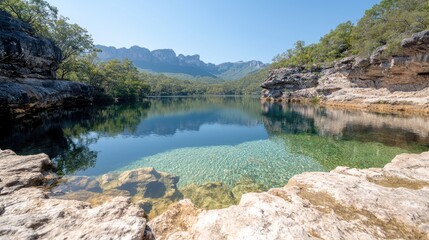 Crystal-clear lake nestled in mountain valley, tranquil scene