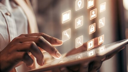 An intricate view of a persons fingers swiping through a holographic task manager with floating icons categorizing different project tasks emphasizing fluid interaction.