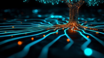 Digital tree network, glowing roots, dark background, data visualization, tech concept