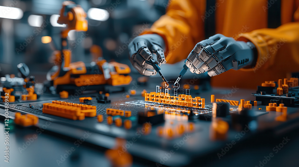 Poster High tech mechanical engineering lab with robotic arms assembling components. scene showcases advanced technology and precision in automation