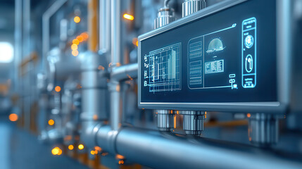 High tech energy plant with holographic control panels and industrial pipes. advanced technology showcases modern approach to energy management and efficiency