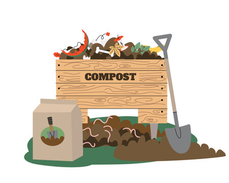 Compost pit for recycling garbage. Wooden box with compost with showel and soil bag isolated on white background. Biodegradable garbage used for fertilizer. Vector illustration