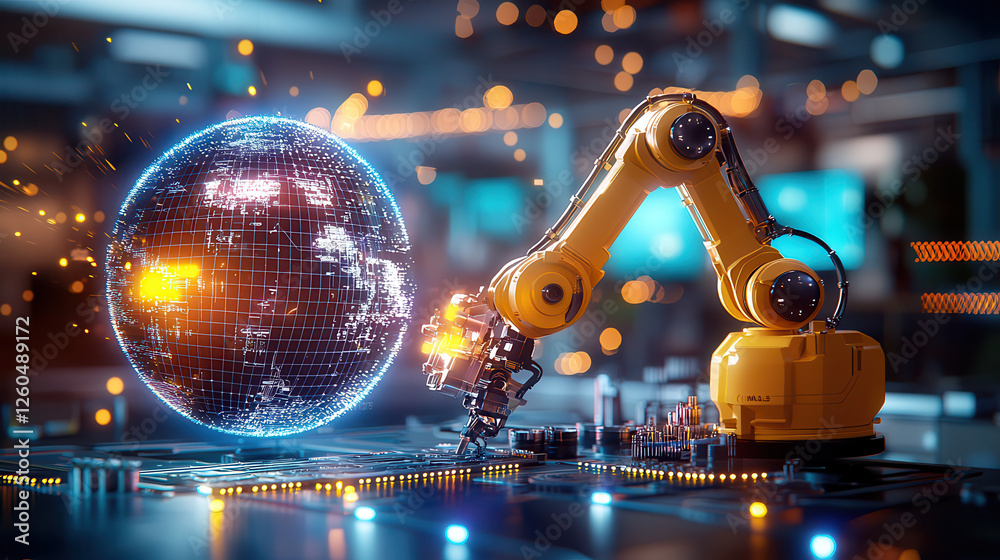 Aufkleber High tech mechanical engineering workshop with advanced robotic arm interacting with digital globe. scene showcases innovation and technology in automation