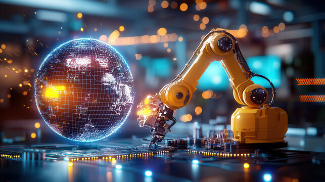 High tech mechanical engineering workshop with advanced robotic arm interacting with digital globe. scene showcases innovation and technology in automation - Powered by Adobe