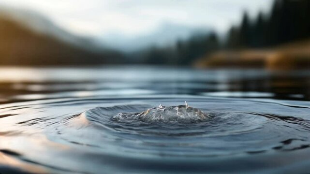 Close-up of a rock creating splashes as it impacts the surface of a calm body of water, with blurred landscape in the background during sunset.
