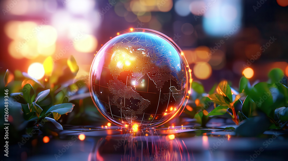 Poster holographic globe surrounded by greenery, symbolizing climate awareness and technology. vibrant ligh