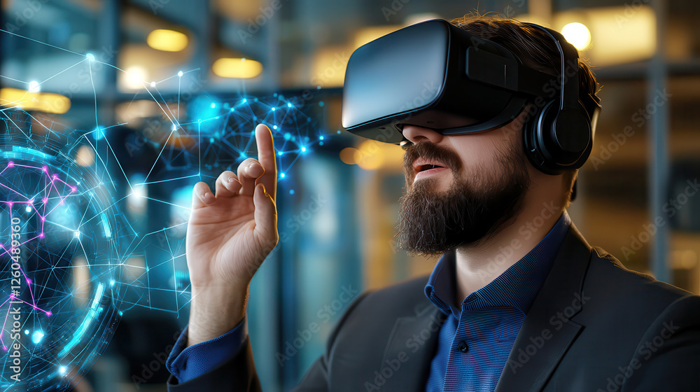 Leinwandbilder immersive virtual reality experience with man using vr headset, interacting with digital elements. s