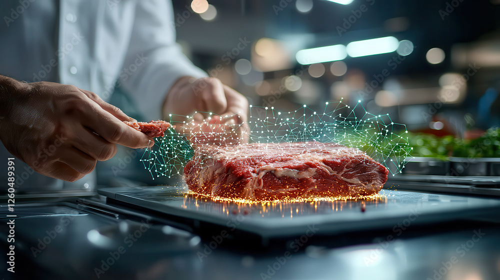 Aufkleber chef uses holographic AI powered system to assess beef quality, showcasing real time fat grading. innovative technology enhances culinary precision and efficiency