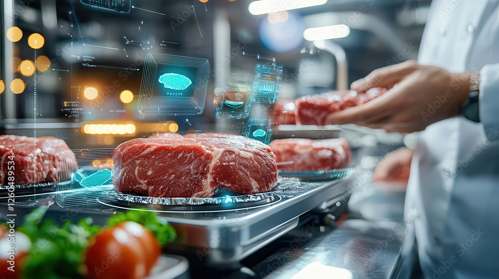 Aufkleber High tech meat processing with holographic monitoring and real time data analysis. image showcases raw meat on trays, emphasizing innovation in food technology