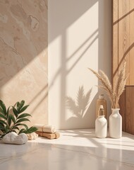 A calming background with natural textures like marble, wood grain, or leaves in neutral tones