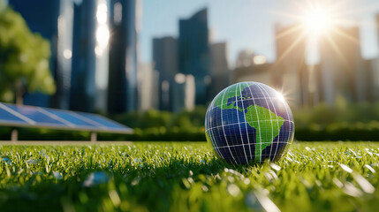 globe representing Earth sits on green grass, surrounded by solar panels and modern buildings, symbolizing renewable energy and sustainability