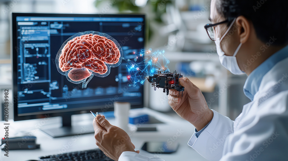 Poster Neuroscientist analyzing holographic brain scan while holding robotic device, showcasing advanced technology in brain research and mapping neural connections