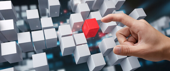 A hand placing a red puzzle piece into a 3D grid structure, symbolizing the process of problem-solving, innovation, and connecting ideas in a futuristic digital world.