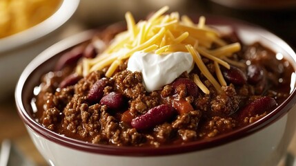 A bowl of chili con carne with a dollop of sour cream and shredded cheese