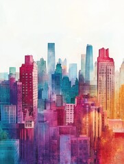 Fototapeta premium Colorful watercolor skyline illustration showcasing urban buildings in a vibrant cityscape during daylight