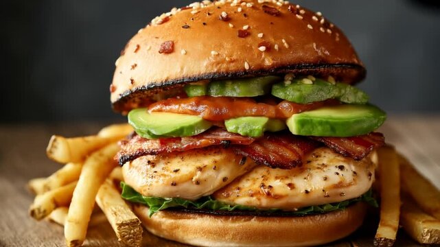 Gourmet chicken sandwich with bacon and avocado on sesame seed bun with side of crispy fries on wooden table