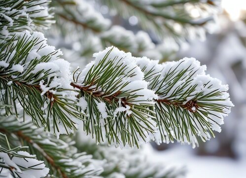 A close-up image of a green pine tree branch covered with a layer of fresh white snow - Powered by Adobe