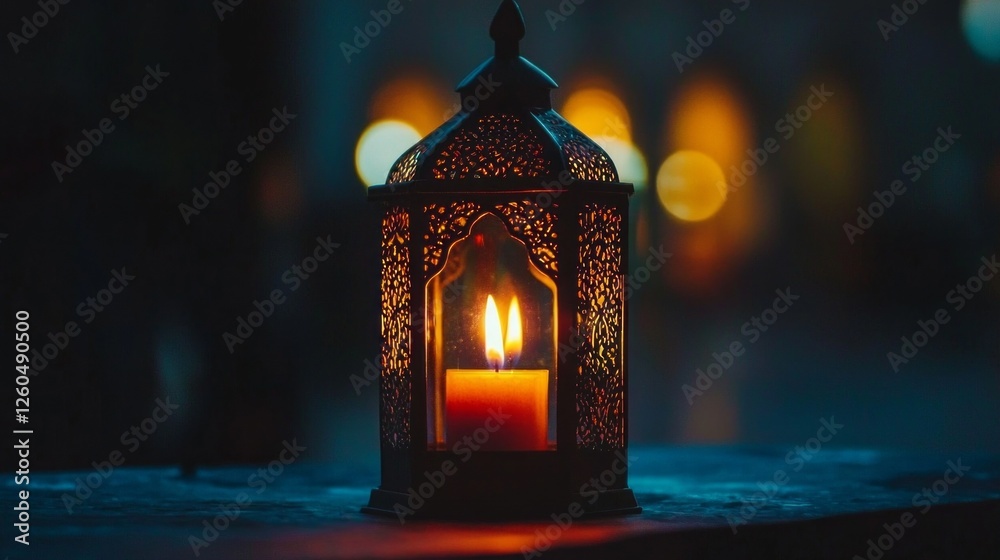 Poster a beautifully intricate arabic lantern glows with a flickering candle inside, casting a warm light t