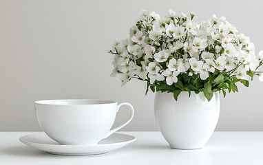 Fototapeta premium White flowers vase, teacup, minimalist home decor, serenity