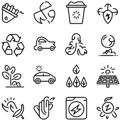Net zero line icons collection. Sorting, recyclable, electric car, organic, solar energy icons. UI icon set.................
