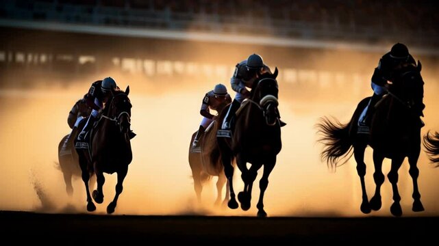 Group of jockeys racing thoroughbred horses on a dirt track during sunrise casting dramatic shadows